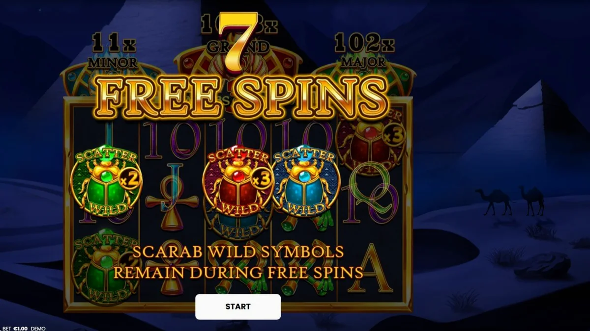 Tampilan visual slot 3 Scarabs of Fortune dengan latar belakang piramida Mesir dan simbol Scarab emas.