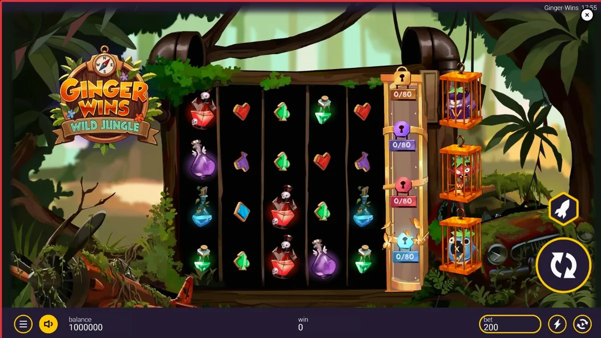 Pemandangan hutan tropis yang penuh warna dengan elemen drum dan simbol eksotis dari slot Ginger Wins Wild Jungle.