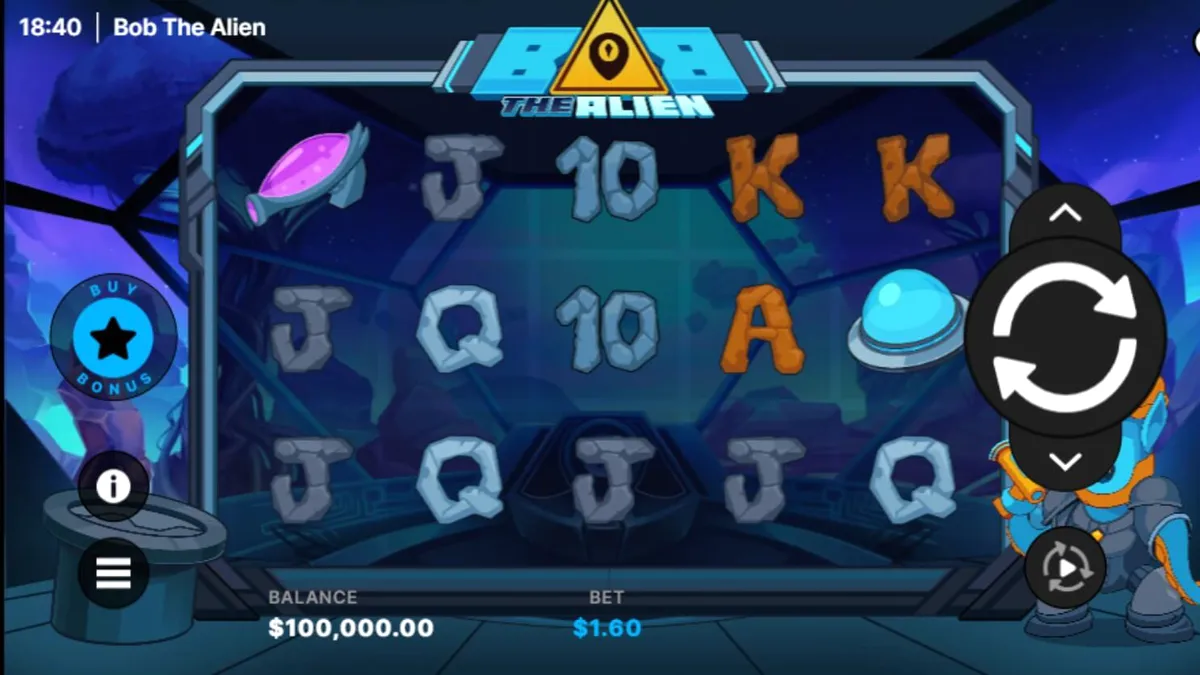 Tampilan visual neon cyberpunk dari slot Bob The Alien dengan elemen futuristik dan karakter alien yang unik.