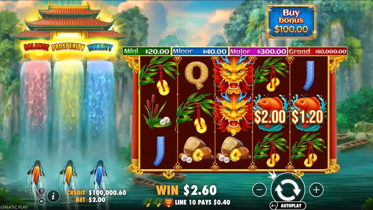 Pemandangan visual slot Dragon’s Gate Bonus Choice dengan naga emas dan air terjun